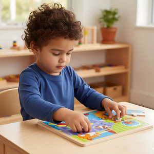 Gros plan sur les pièces colorées du puzzle bois animaux familiers
