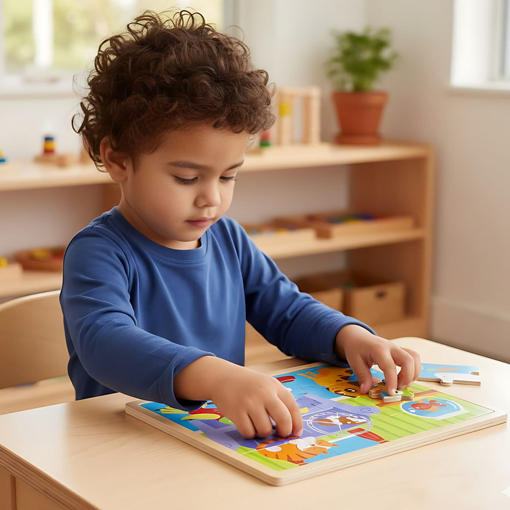 Gros plan sur les pièces colorées du puzzle bois animaux familiers