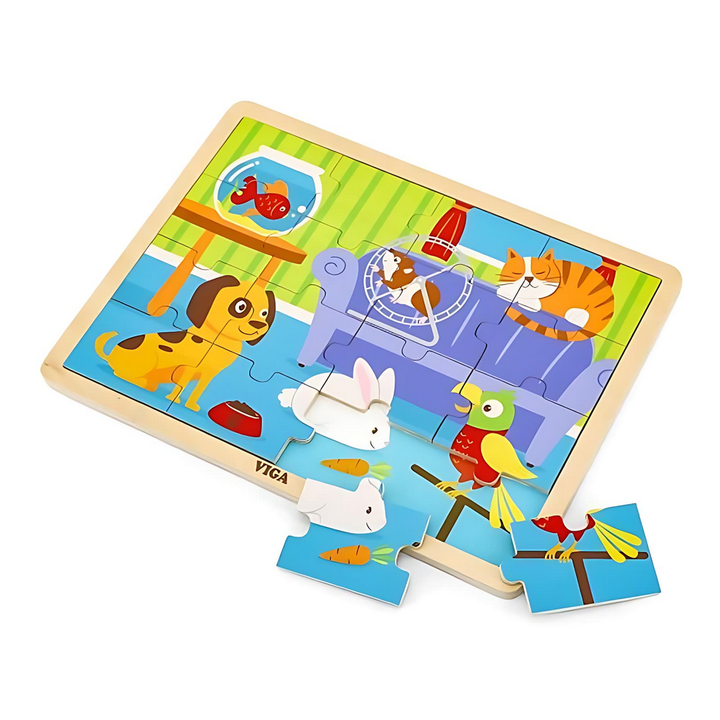Puzzle en bois 16 pièces animaux de compagnie assemblé, montrant un chien et un chat