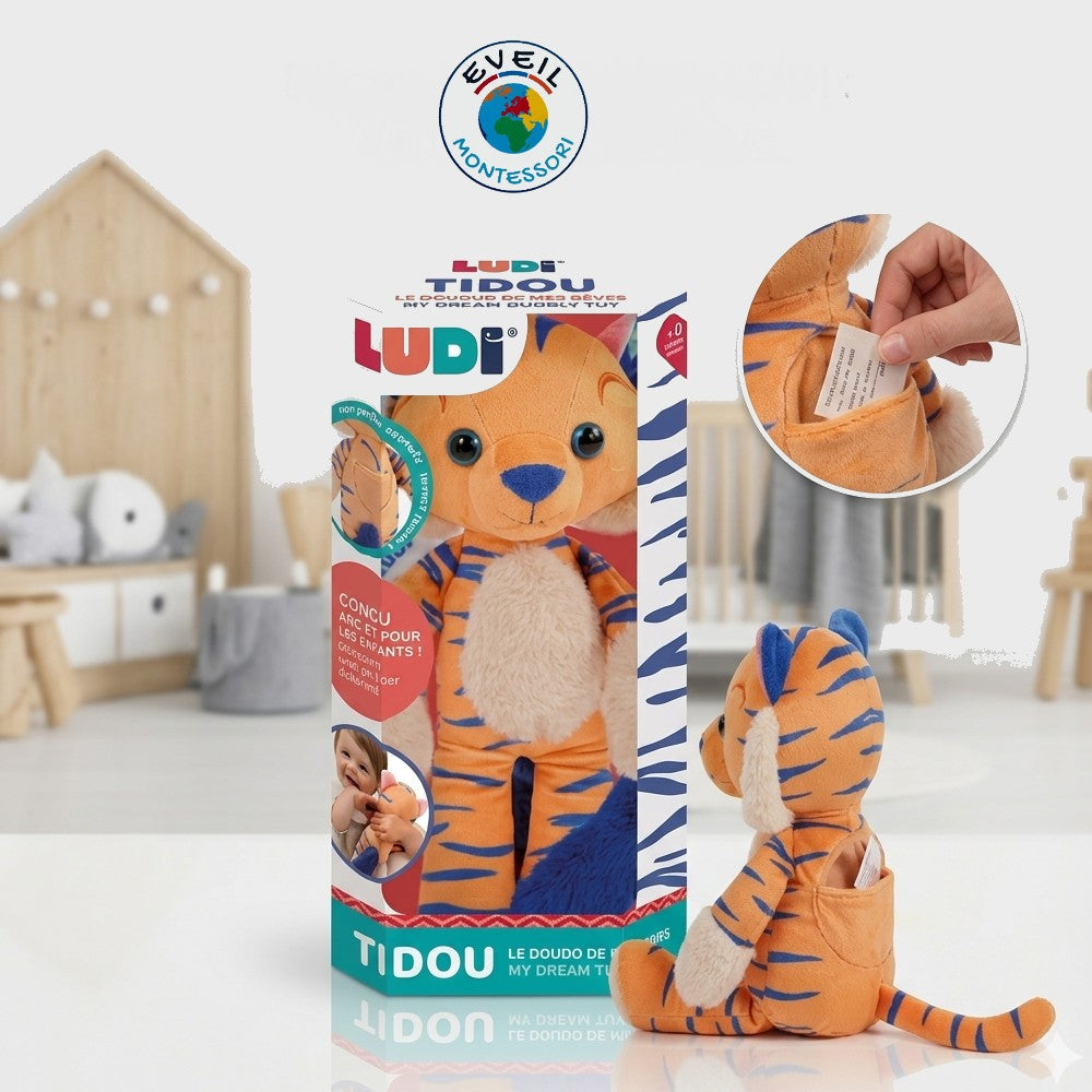 Doudou Tidou Ludi bleu et orange avec poche secrète pour tétine