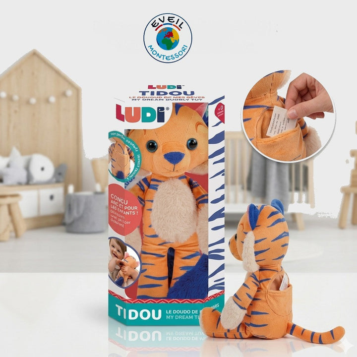 Doudou Tidou Ludi bleu et orange avec poche secrète pour tétine