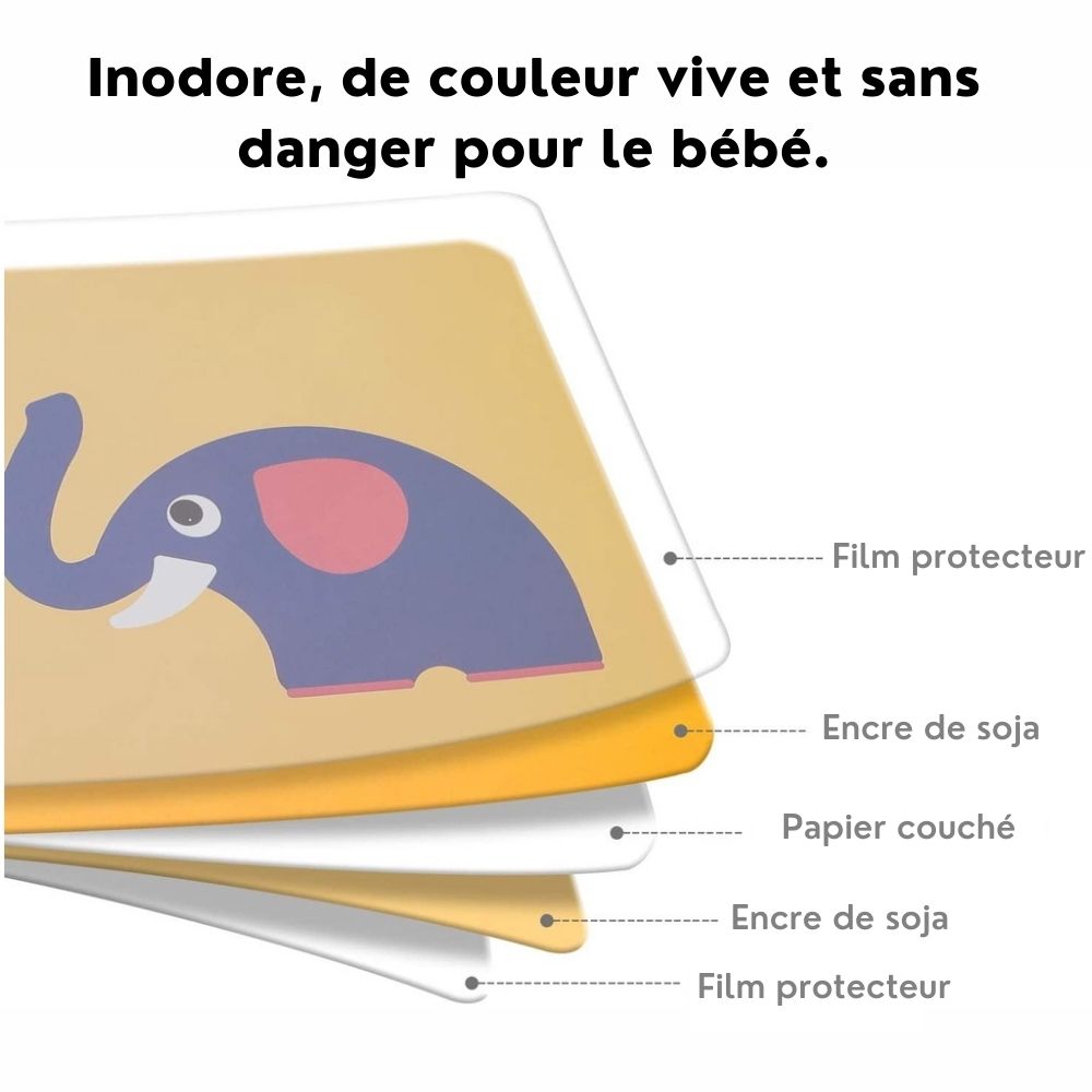 Bébé observant des cartes contrastées Montessori sur un tapis d'éveil