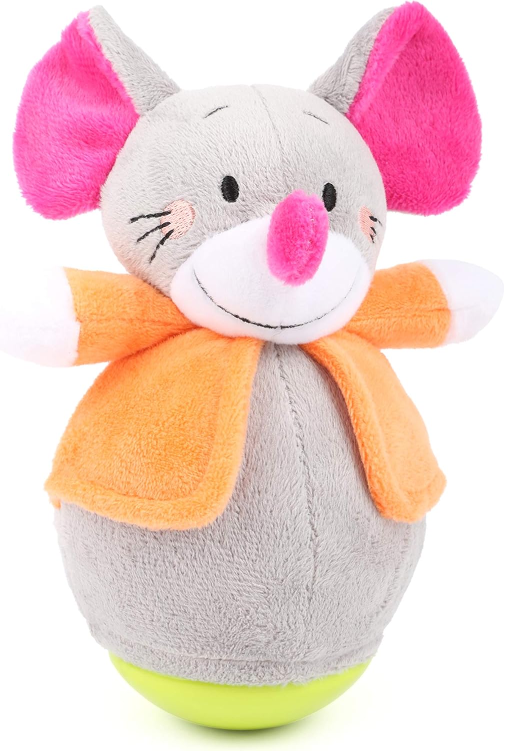 Détail de la peluche souris culbuto avec clochette intégrée