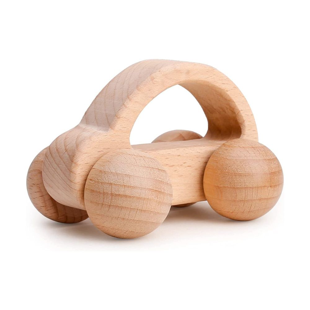 Hochet en bois de hêtre naturel en forme de petite voiture pour bébé