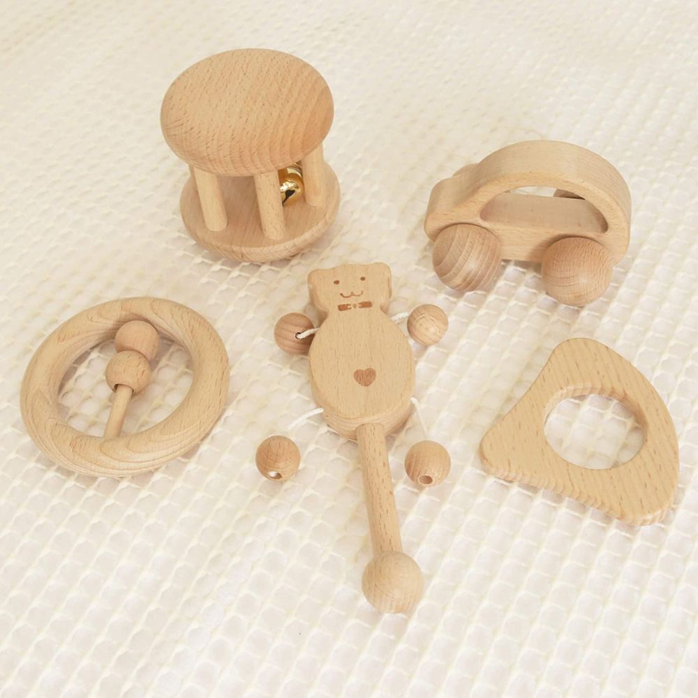 Hochet Voiture en Bois de Hêtre Naturel - Éveil Sensoriel Montessori