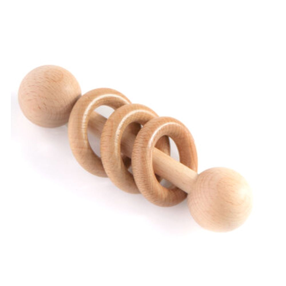 Hochet tige Montessori en bois naturel avec trois anneaux mobiles pour bébé