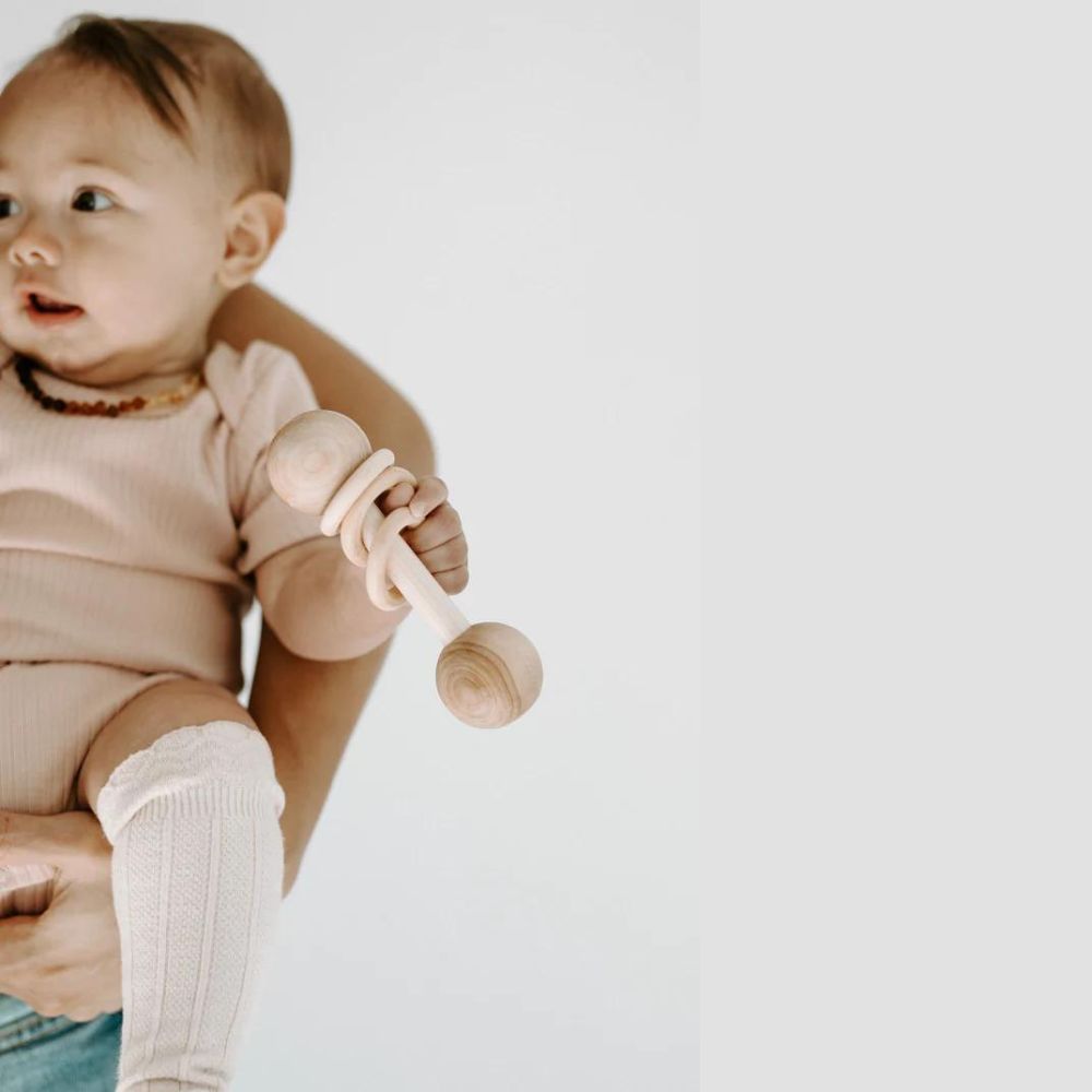 Hochet Tige Montessori en Bois Naturel - Éveil Sensoriel Bébé