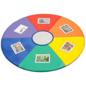 Tapis d'éveil sensoriel arc-en-ciel avec miroir central et pochettes photos